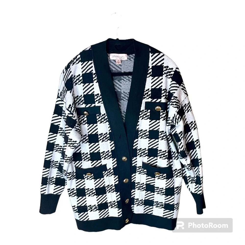 Philosophy Black and White Houndstooth Cardigan with Gold Buttons Size‎ Small